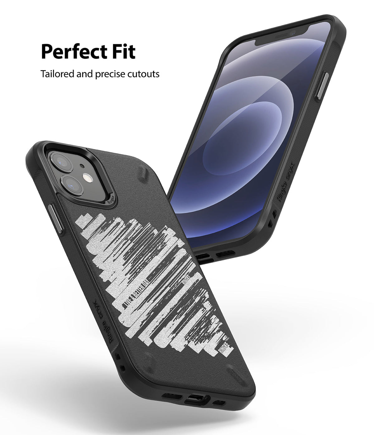 iPhone 12 Mini Case | Onyx Design - Black phone case with white abstract brushstroke art and precise cutouts.