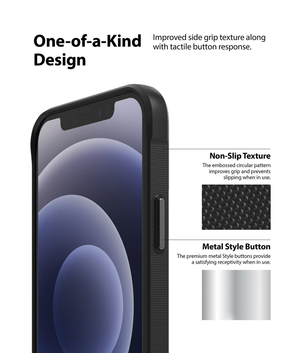 iPhone 12 Mini Case | Onyx Design - Close-up of phone case showing non-slip side texture and metallic button details.