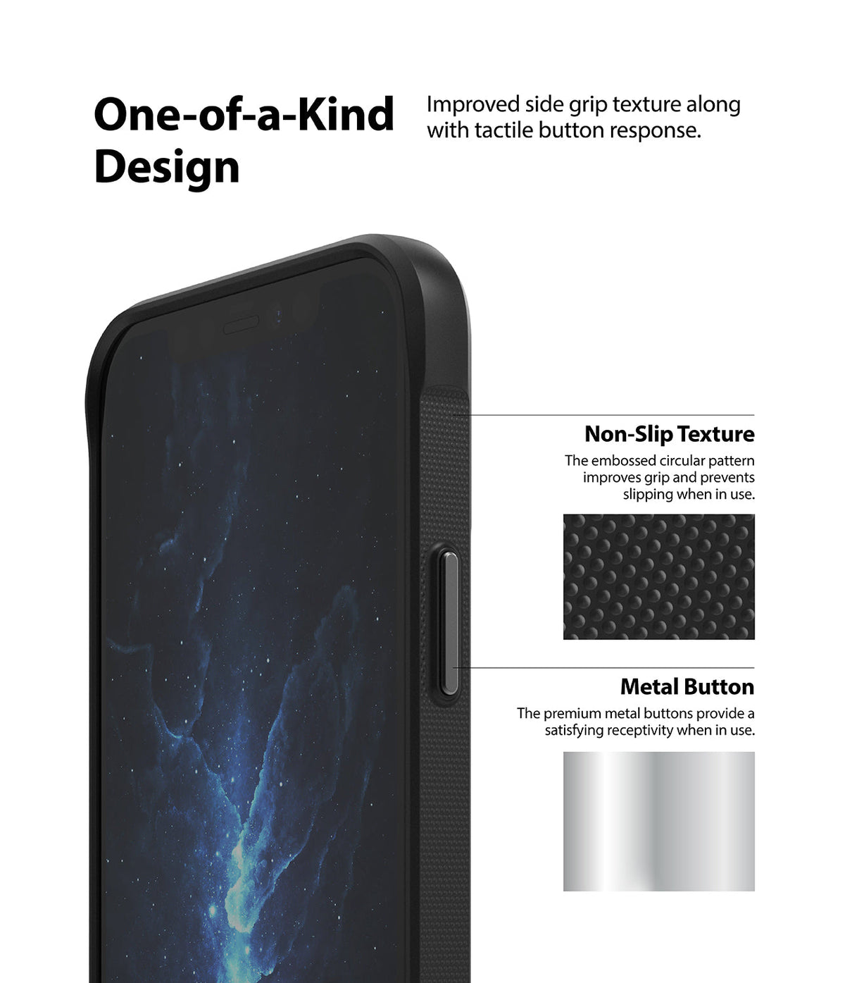 iPhone 12 Mini Case | Onyx Design - Close-up of phone case side showing non-slip circular texture and metallic button.