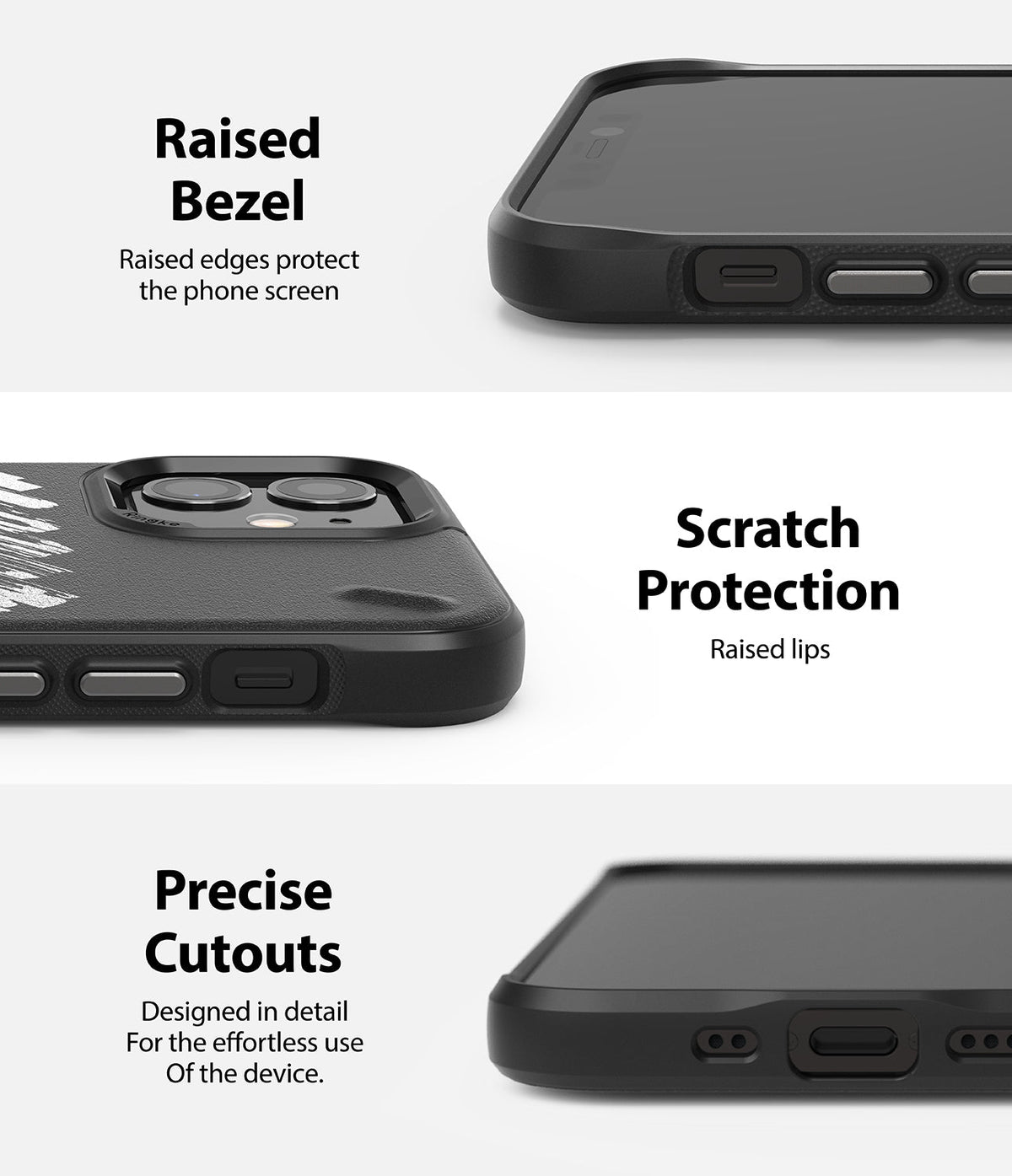 iPhone 12 Mini Case | Onyx Design - Close-ups showing raised bezels, scratch-resistant lips, and precise port cutouts.