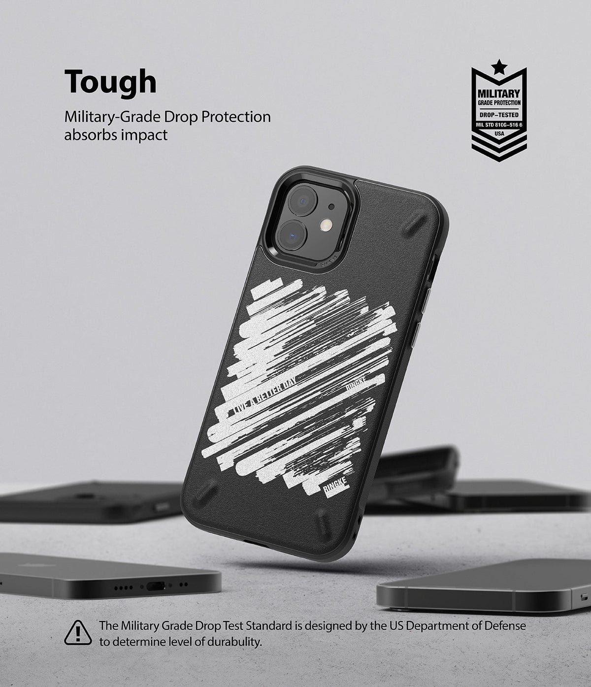 iPhone 12 Mini Case | Onyx Design - Black phone case with white brushstroke art, military-grade drop protection badge, and text.