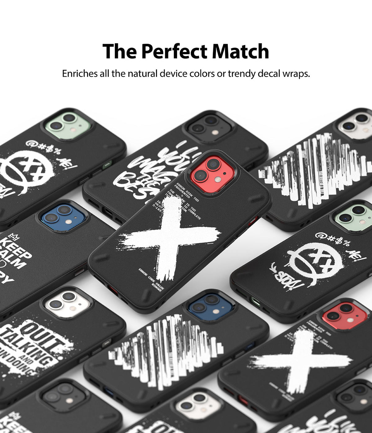 iPhone 12 Mini Case | Onyx Design - Multiple black phone cases with various white graphic designs arranged on a white background.