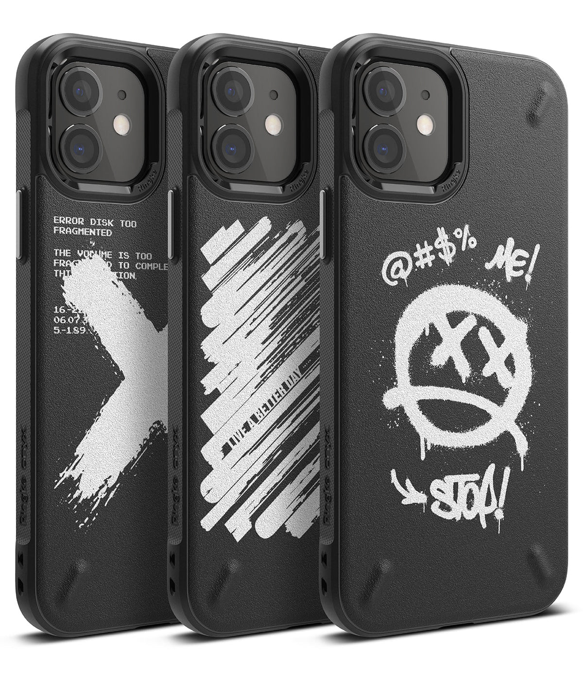 iPhone 12 Mini Case | Onyx Design - Three black iPhone 12 Mini cases with unique white graphic prints on the back.