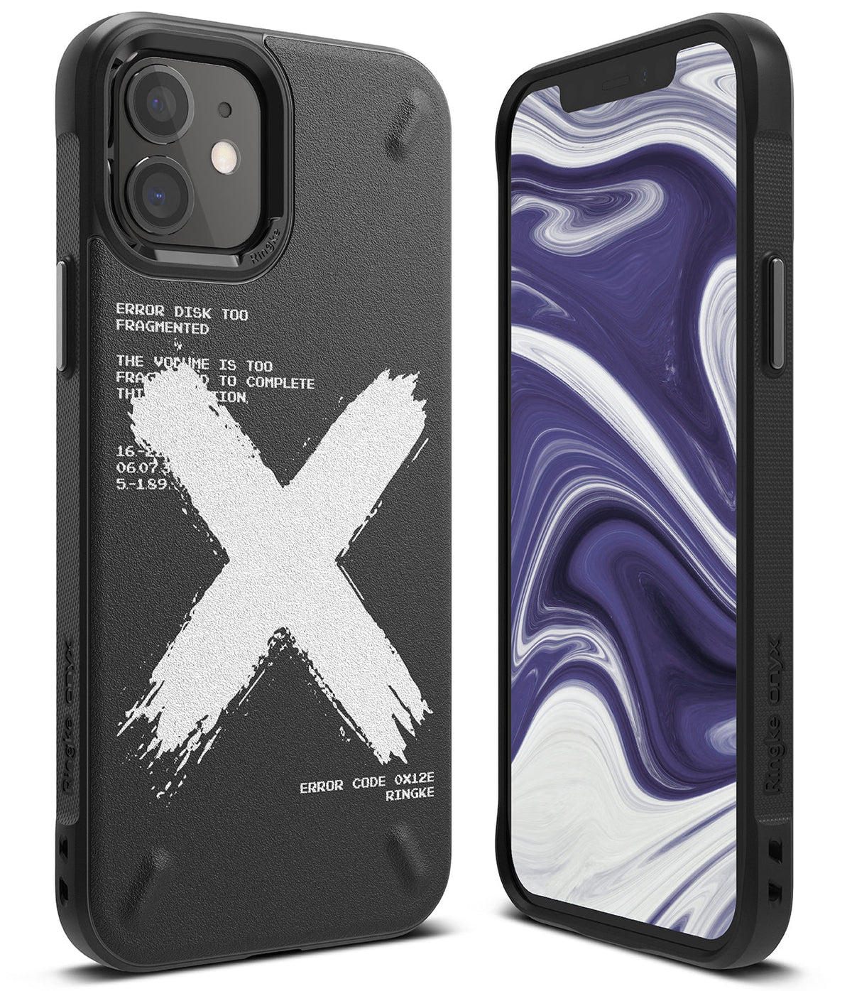 iPhone 12 Mini Case | Onyx Design - Black phone case with white X graphic and error text, shown with a purple marble screen.
