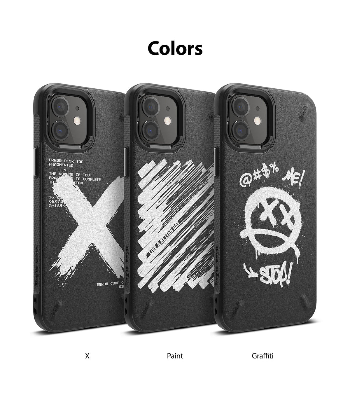 iPhone 12 Mini Case | Onyx Design - Three black iPhone 12 Mini cases featuring X, Paint, and Graffiti white graphic designs.