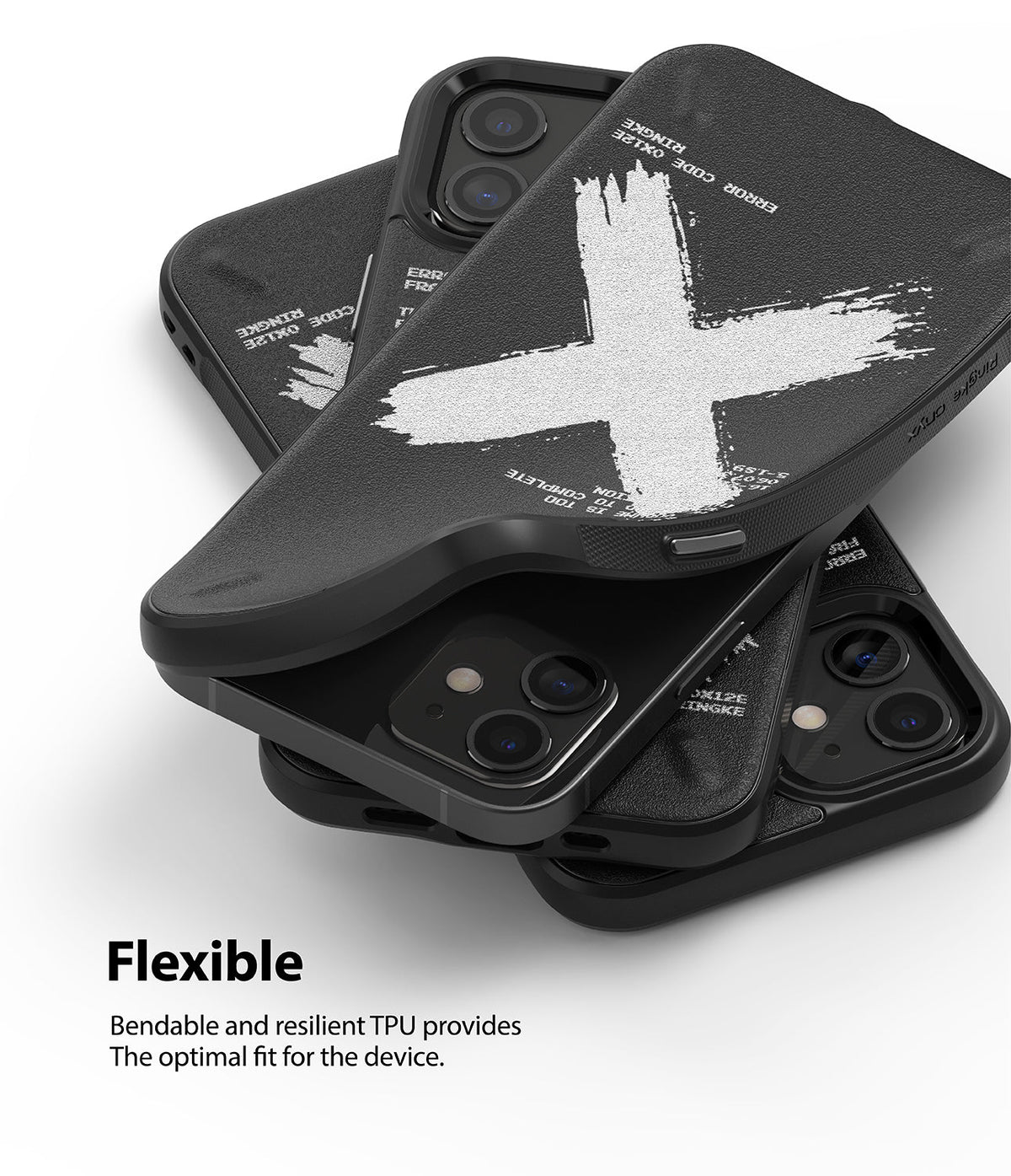 iPhone 12 Mini Case | Onyx Design - Stacked black phone cases with a white brushstroke X design and flexible TPU material.