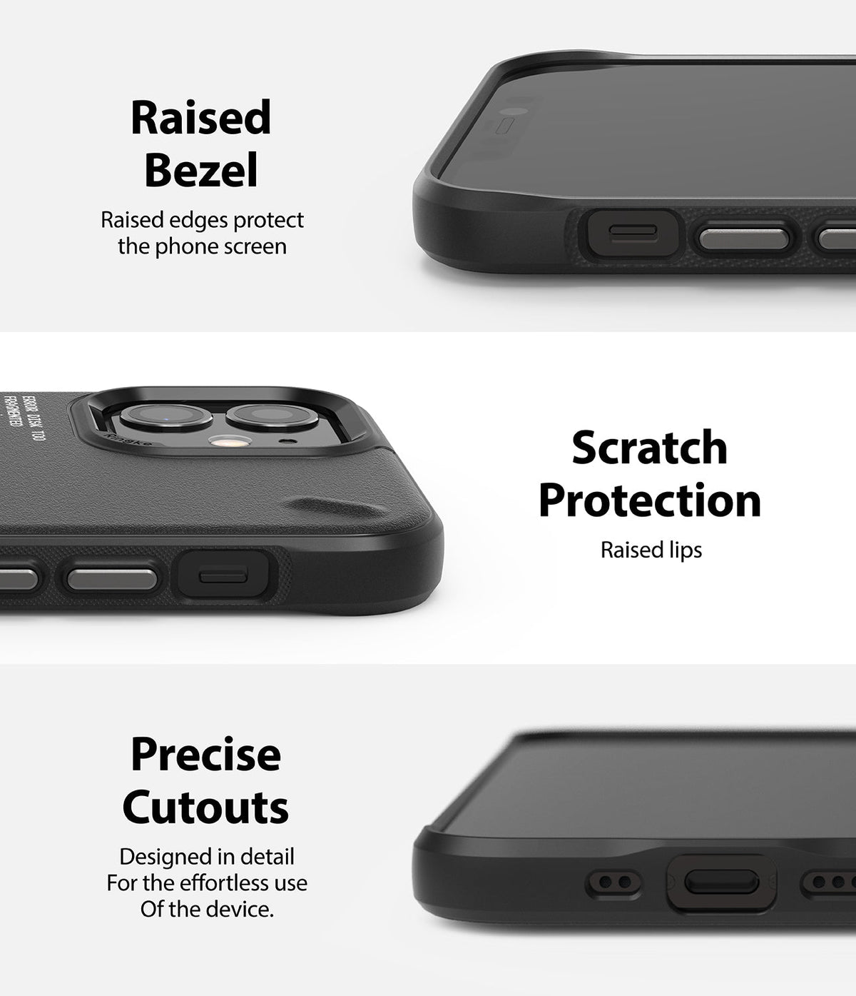 iPhone 12 Mini Case | Onyx Design - Close-ups of a black phone case highlighting raised screen bezels, camera scratch protection, and precise cutouts.