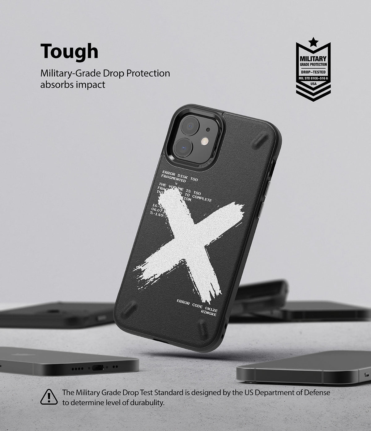 iPhone 12 Mini Case | Onyx Design - Black phone case with white X graphic and text, featuring military-grade drop protection.