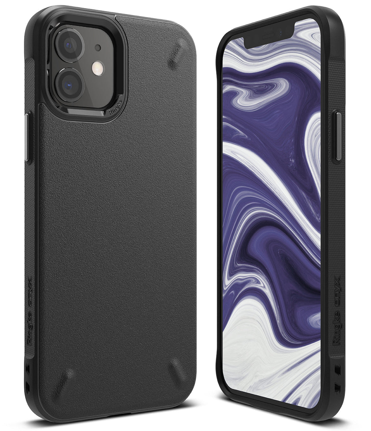 iPhone 12 Mini Case | Onyx - Matte black textured phone case shown from back and front with a purple marble screen display.