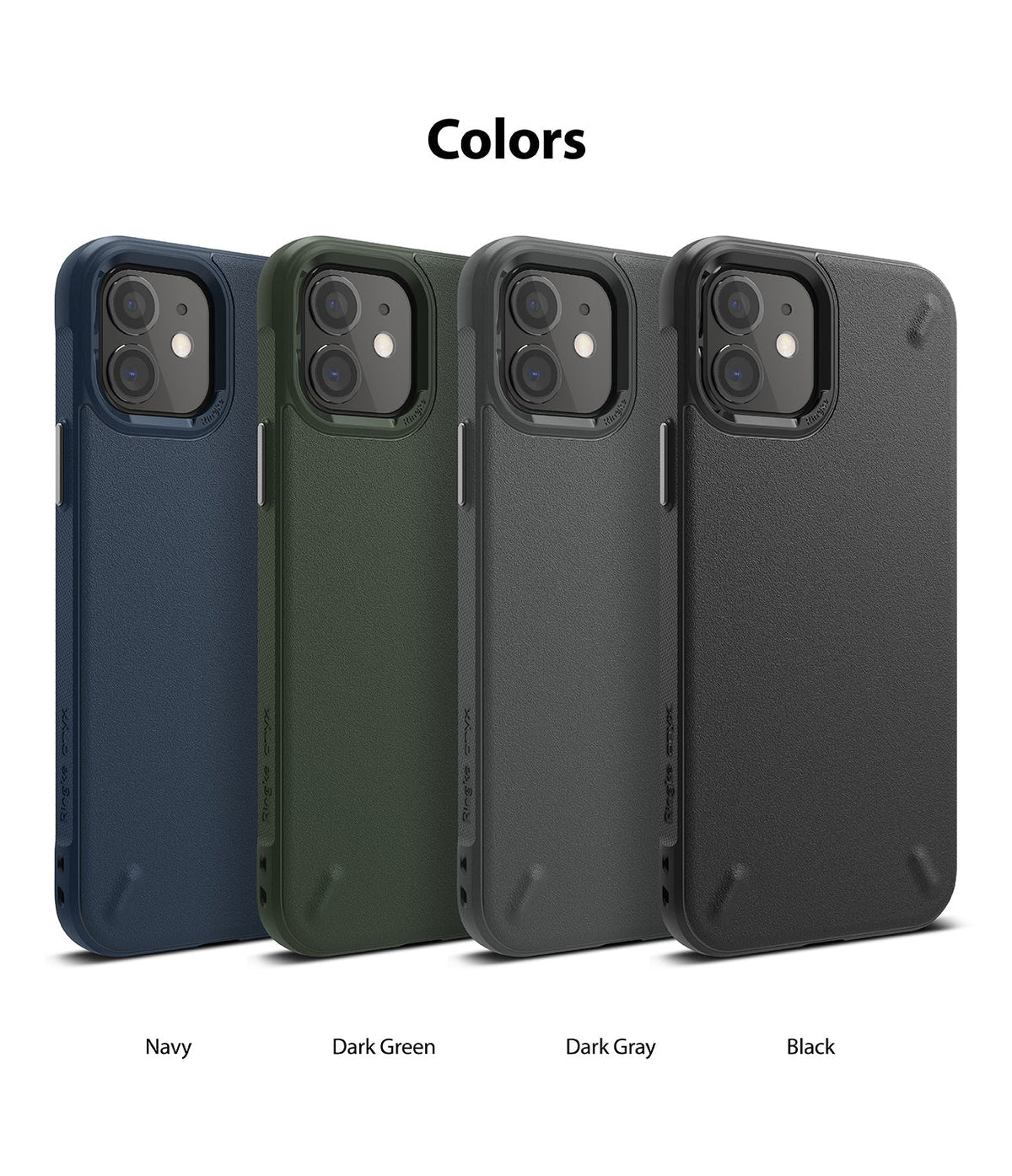iPhone 12 Mini Case | Onyx - Four iPhone 12 Mini cases in navy, dark green, dark gray, and black arranged in a row.