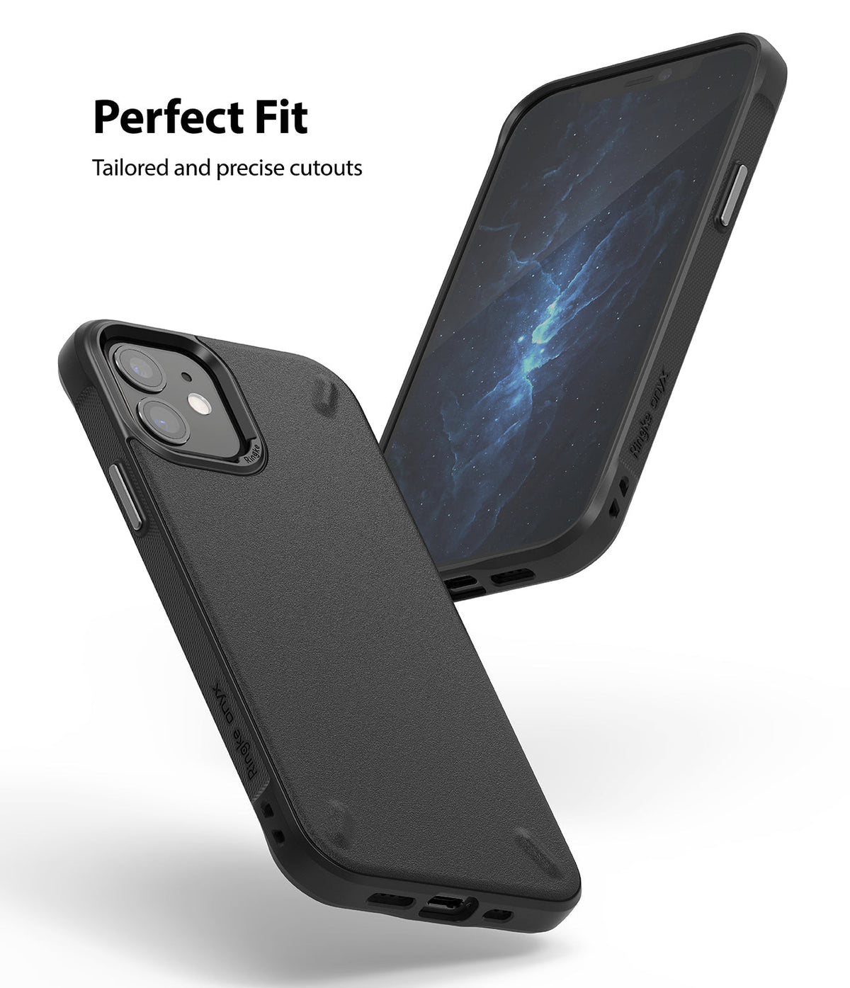 iPhone 12 Mini Case | Onyx - Black textured phone case shown from front and back angles with precise cutouts and branding.
