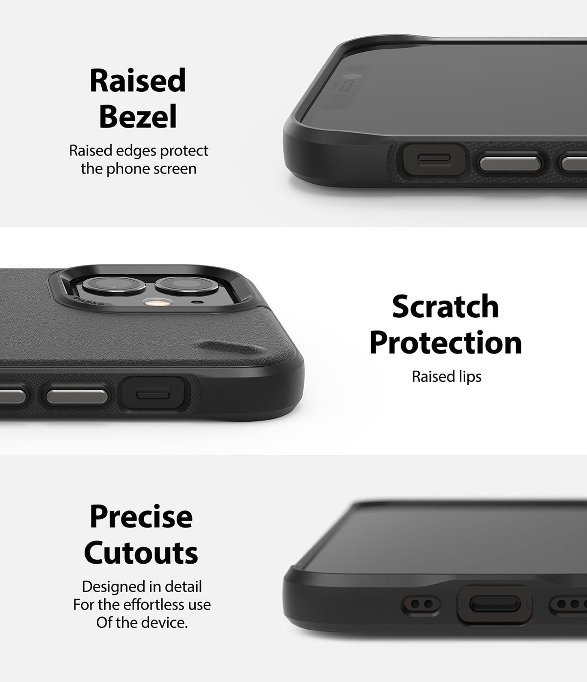 iPhone 12 Mini Case | Onyx - Close-ups of a black phone case showing raised screen bezels, camera protection, and precise port cutouts.