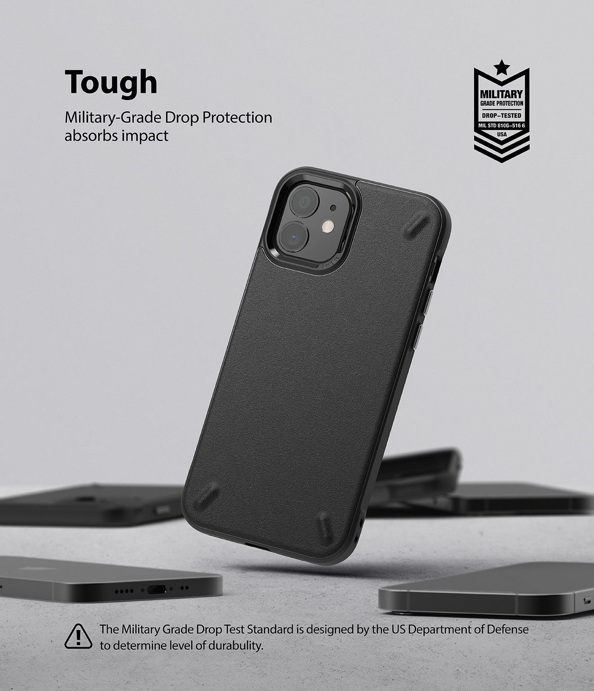 iPhone 12 Mini Case | Onyx - Black textured phone case floating above a surface with military-grade drop protection text.