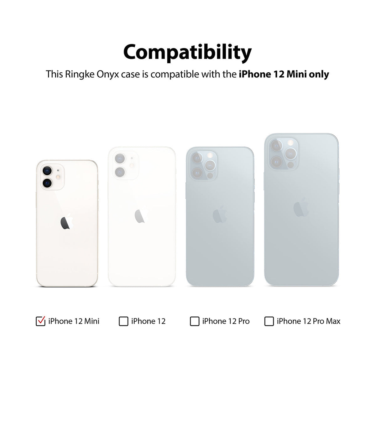 iPhone 12 Mini Case | Onyx - Comparison chart showing iPhone 12 Mini is the only model compatible with the Onyx case.