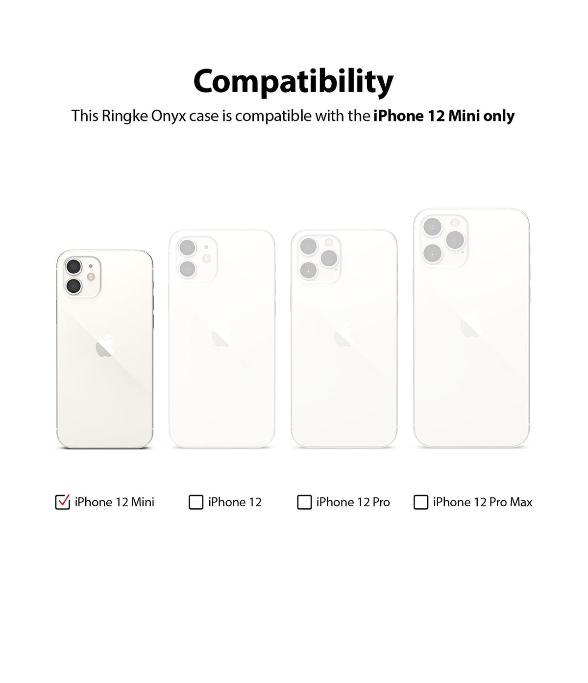 iPhone 12 Mini Case | Onyx - Compatibility chart showing iPhone 12 Mini checked as the only compatible model among four sizes.
