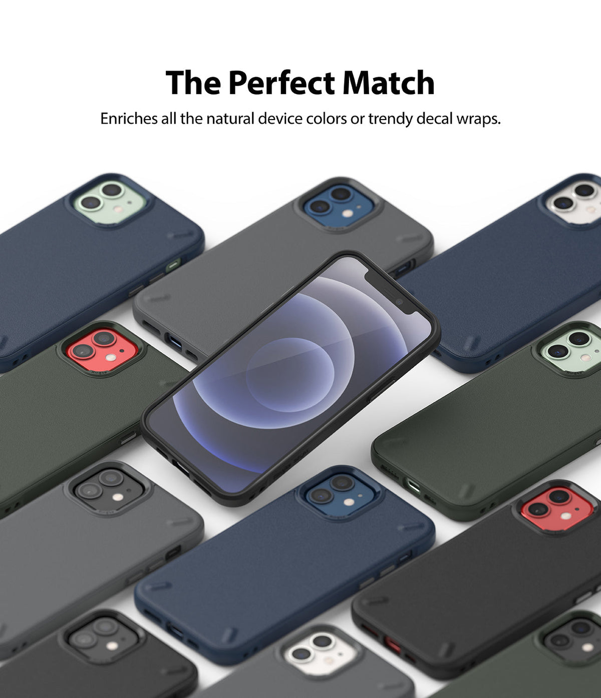 iPhone 12 Mini Case | Onyx - Multiple iPhone 12 Mini phones in various colored Onyx cases arranged around a central device.