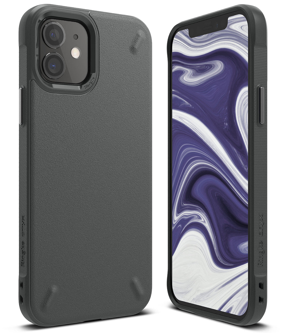 iPhone 12 Mini Case | Onyx - Matte black textured protective phone case shown from the back and front with marble wallpaper.