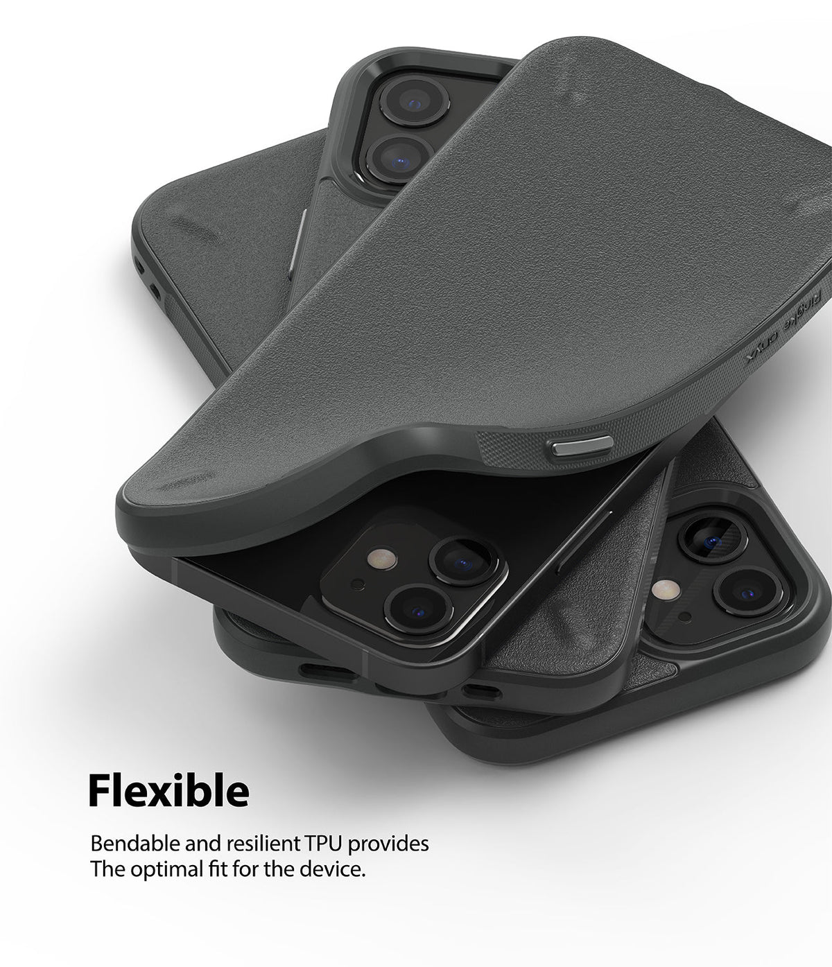iPhone 12 Mini Case | Onyx - A flexible, textured black TPU case being bent to show its durability over an iPhone 12 Mini.