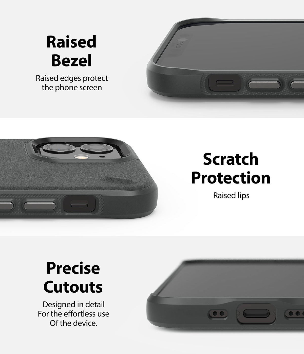 iPhone 12 Mini Case | Onyx - Close-ups of a black phone case highlighting raised bezels, scratch protection, and precise cutouts.