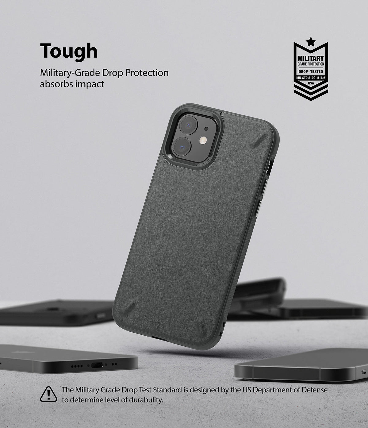 iPhone 12 Mini Case | Onyx - Black textured phone case floating above a surface with military-grade drop protection branding.
