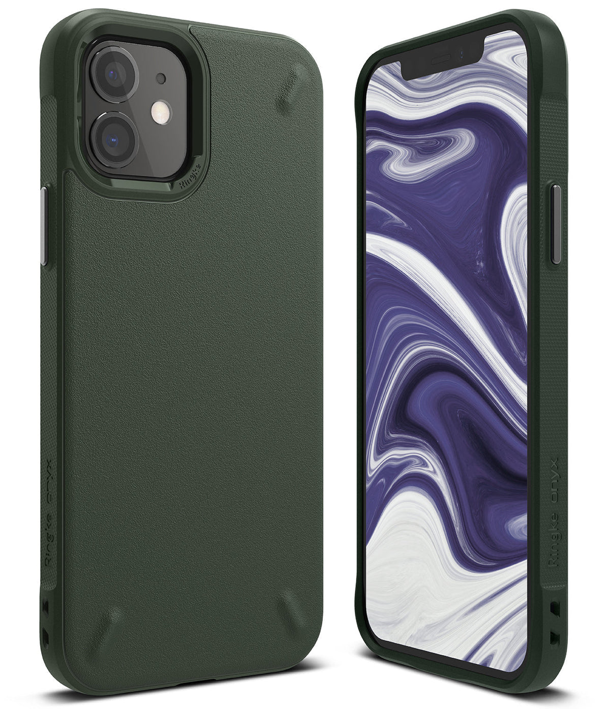 iPhone 12 Mini Case | Onyx - Matte dark green protective phone case shown from the back and front with a marble wallpaper.