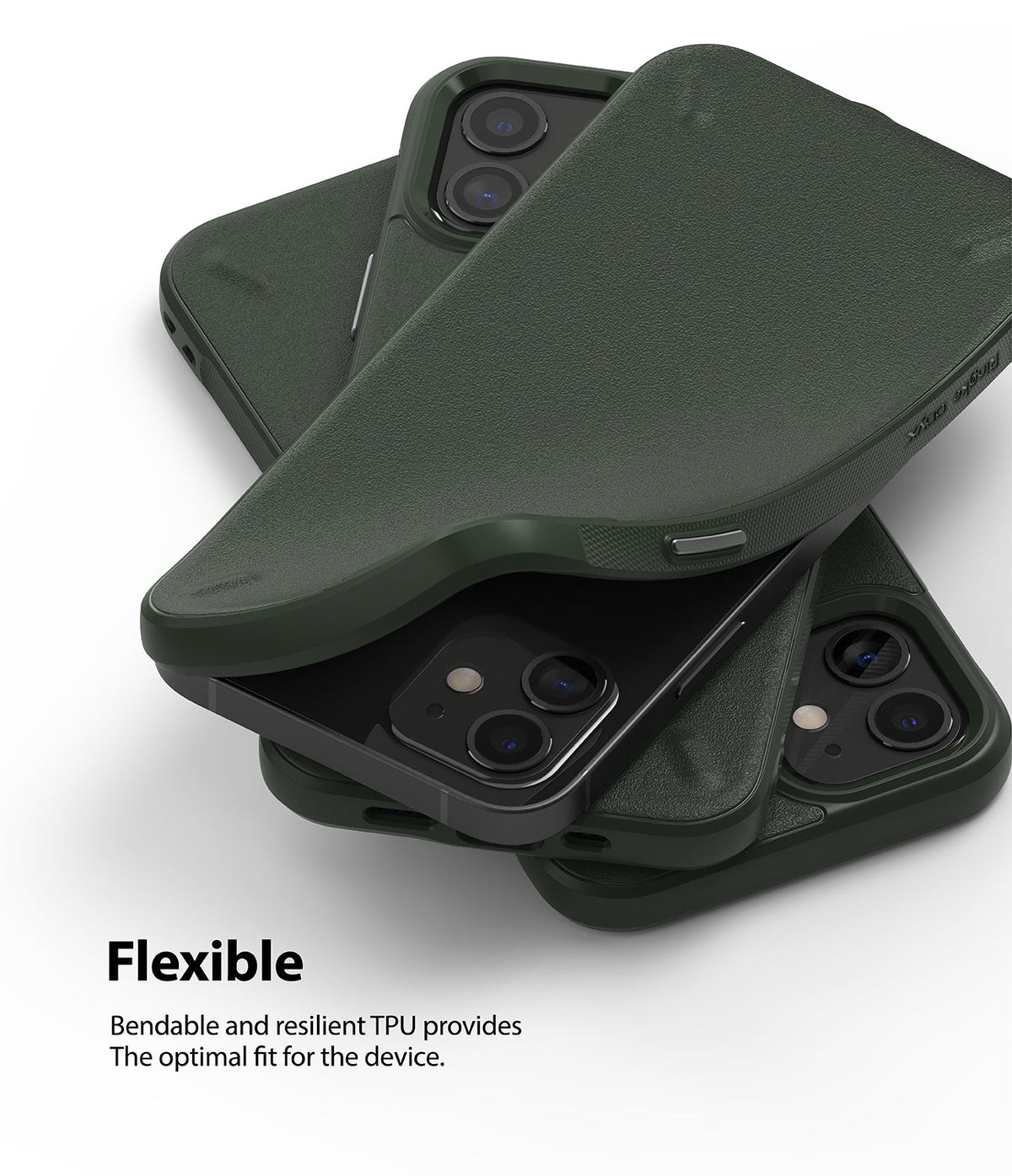 iPhone 12 Mini Case | Onyx - Stack of dark green, textured TPU phone cases with one partially covering a black smartphone.