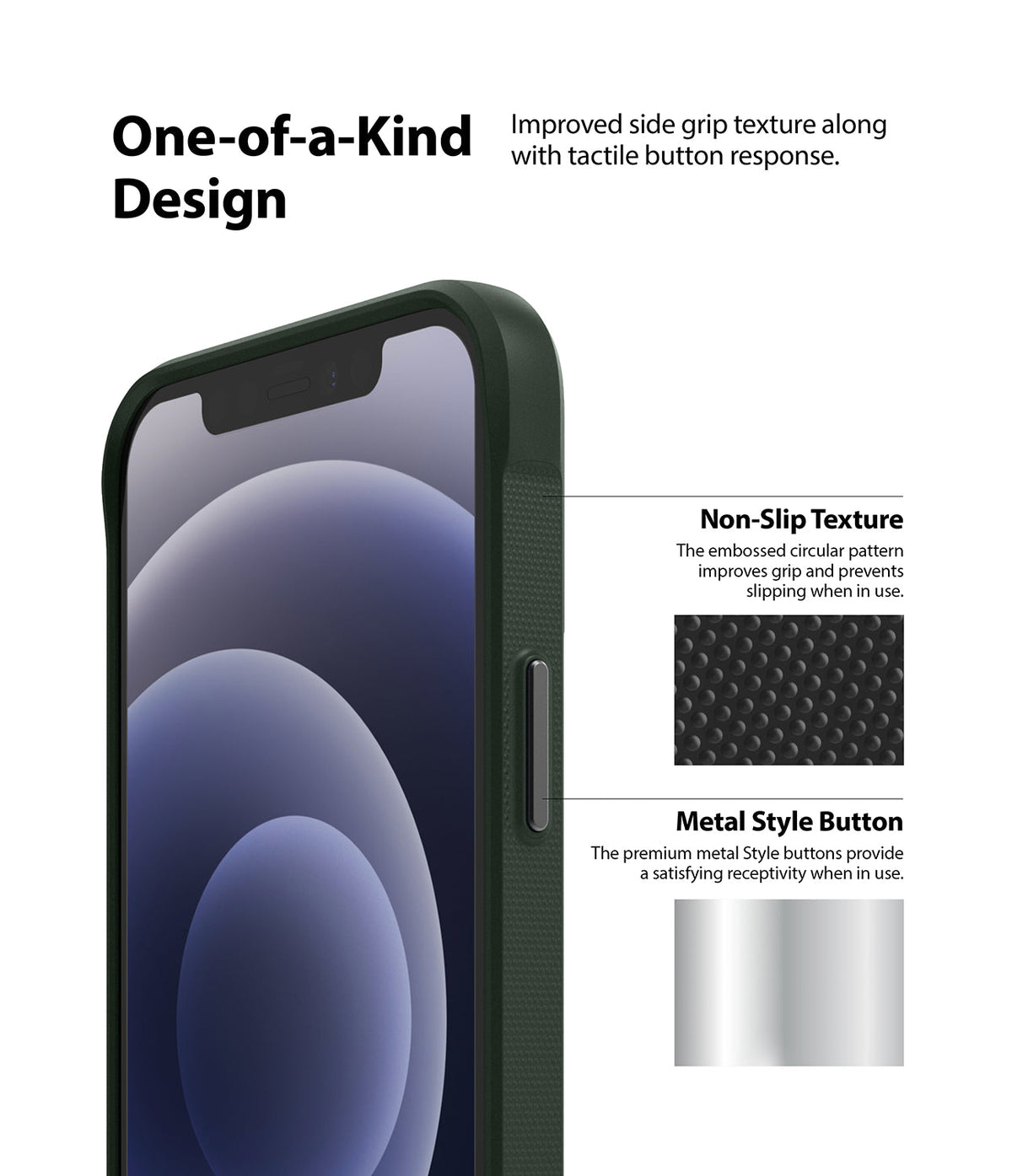 iPhone 12 Mini Case | Onyx - Close-up of dark green phone case showing textured non-slip side grip and metallic button.
