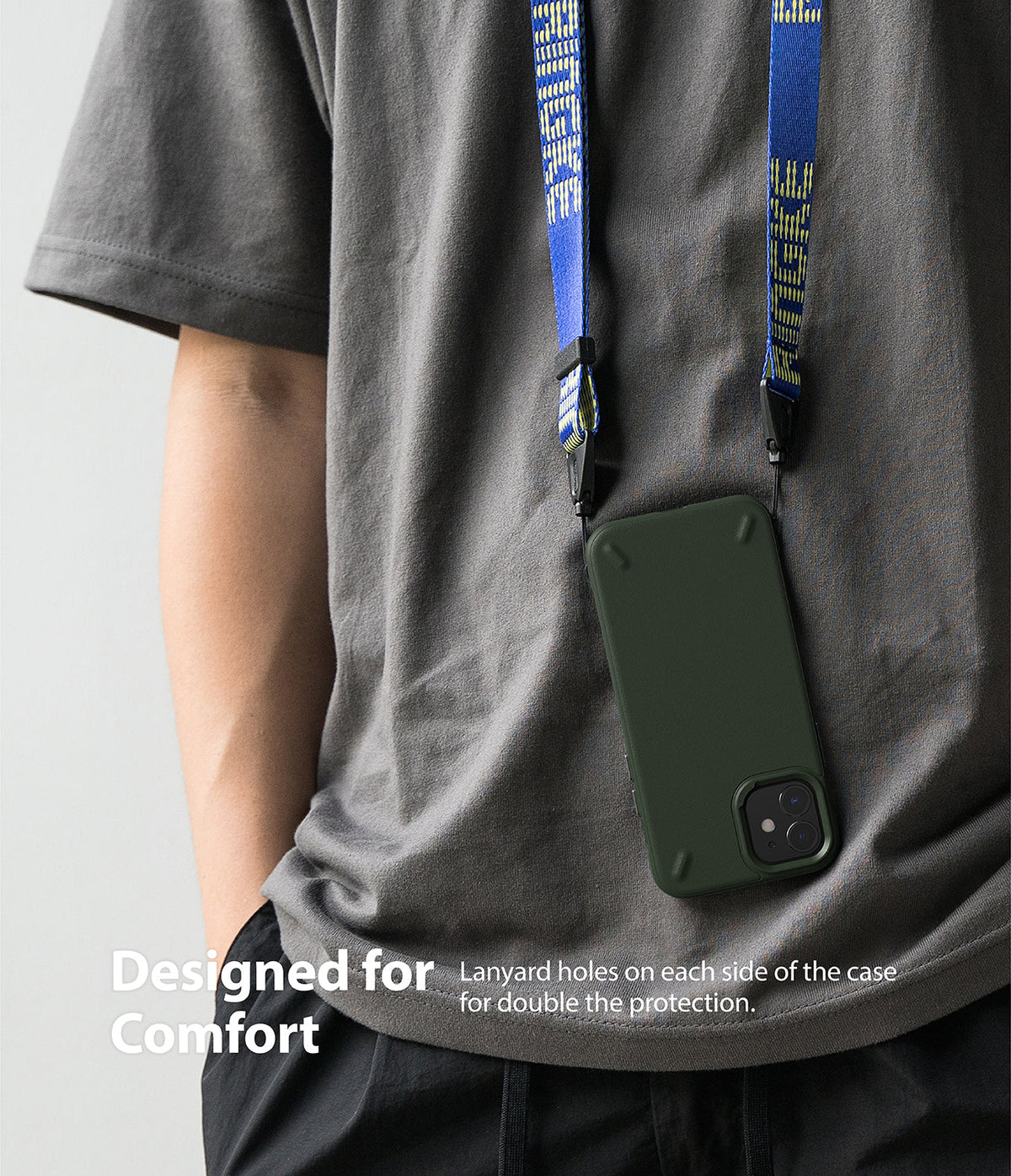 iPhone 12 Mini Case | Onyx - Dark green phone case with a blue lanyard hanging around a person's neck.