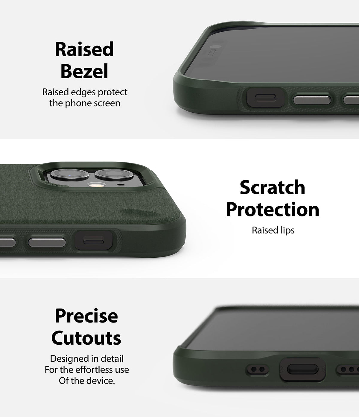 iPhone 12 Mini Case | Onyx - Three views of a dark green phone case highlighting raised bezels, scratch protection, and cutouts.