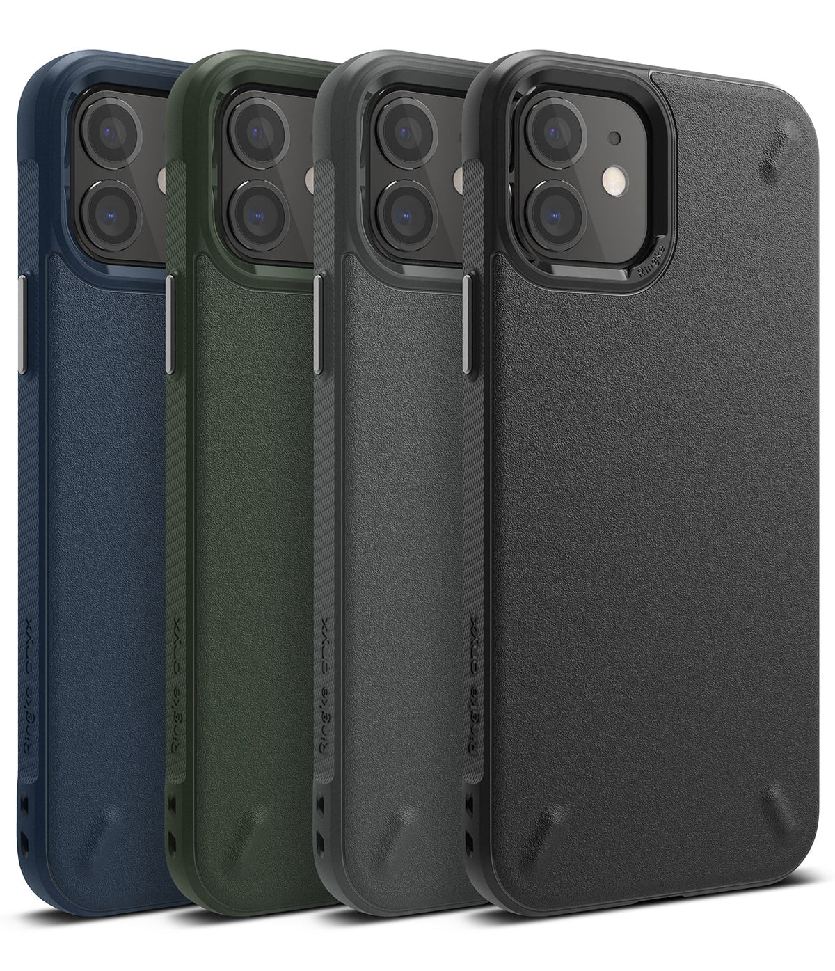 iPhone 12 Mini Case | Onyx - Four iPhone 12 Mini cases in navy, olive, gray, and black with textured matte finishes.