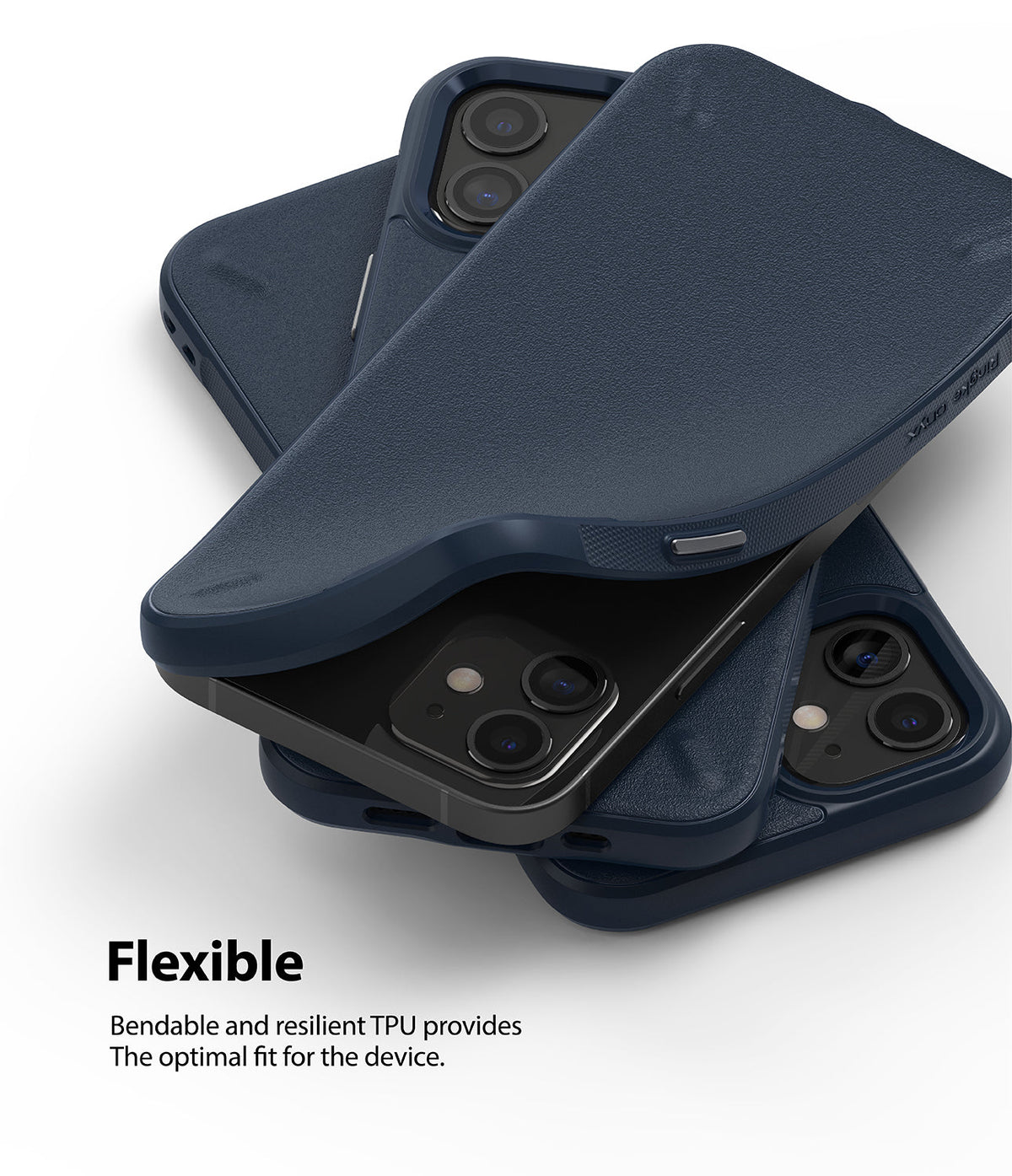 iPhone 12 Mini Case | Onyx - Stack of flexible navy blue TPU phone cases showing a bent edge and camera cutouts.