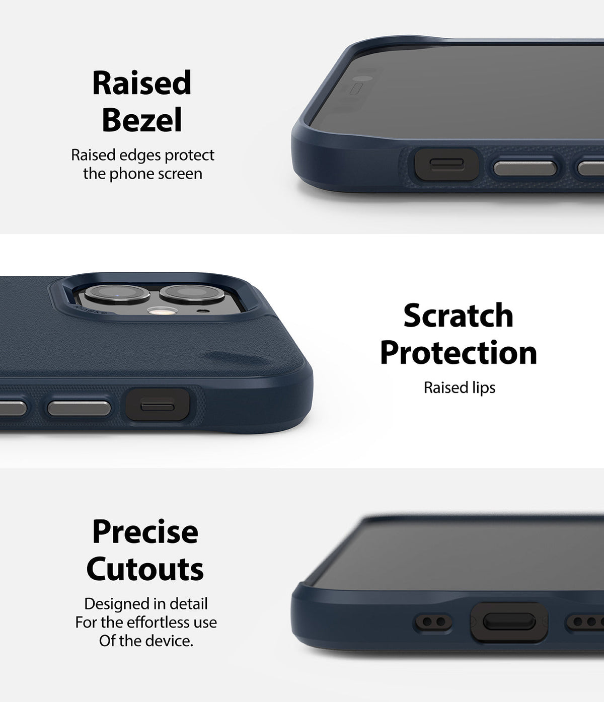 iPhone 12 Mini Case | Onyx - Close-ups of a navy phone case highlighting raised screen bezels, camera protection, and cutouts.