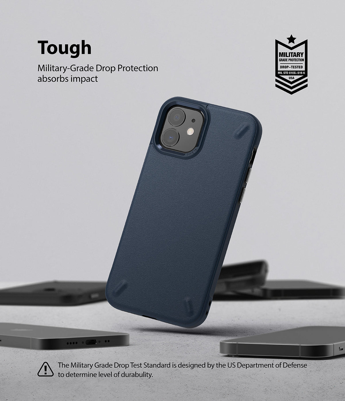 iPhone 12 Mini Case | Onyx - Dark blue textured phone case with military-grade drop protection badge on a gray background.