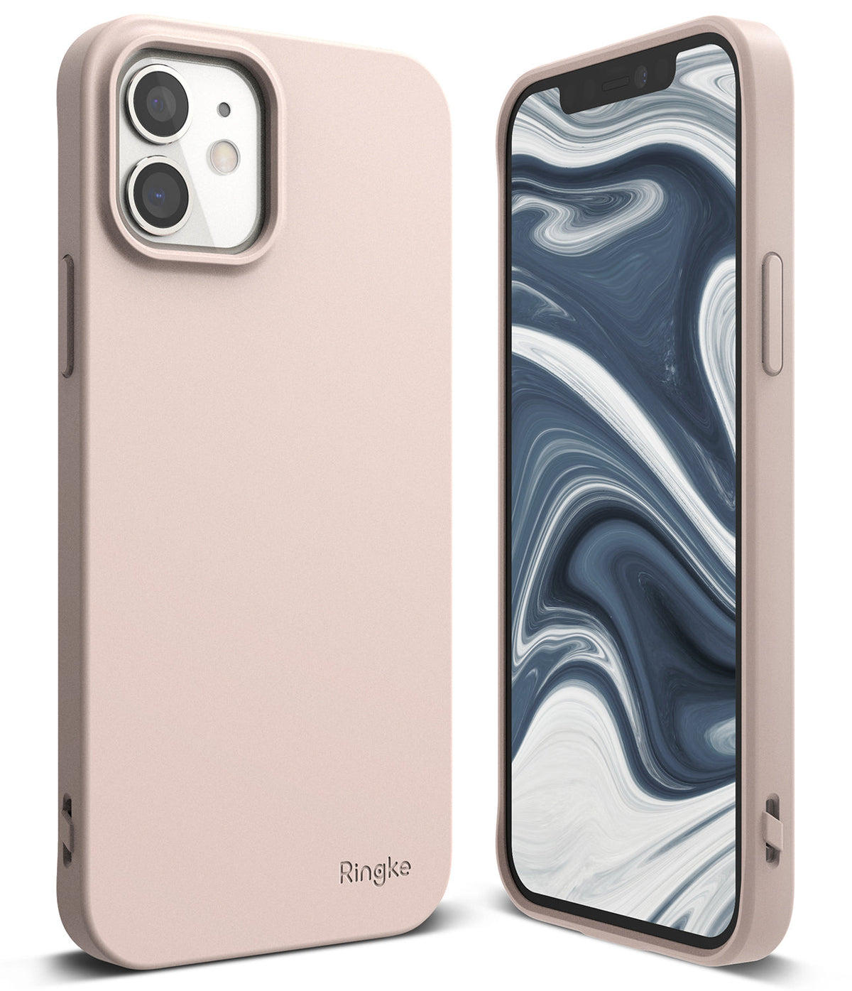 iPhone 12 Mini Case | Air-S - Matte light pink phone case shown from back and front with a marble-patterned screen.