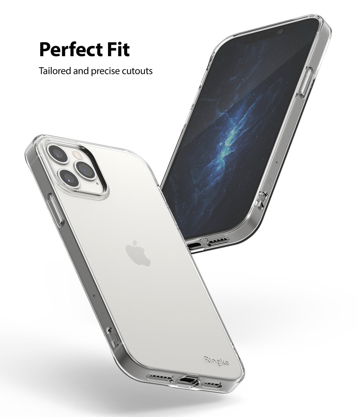 iPhone 12 Pro Max Case | Air + Shoulder Strap - Clear protective case on an iPhone 12 Pro Max with precise cutouts.