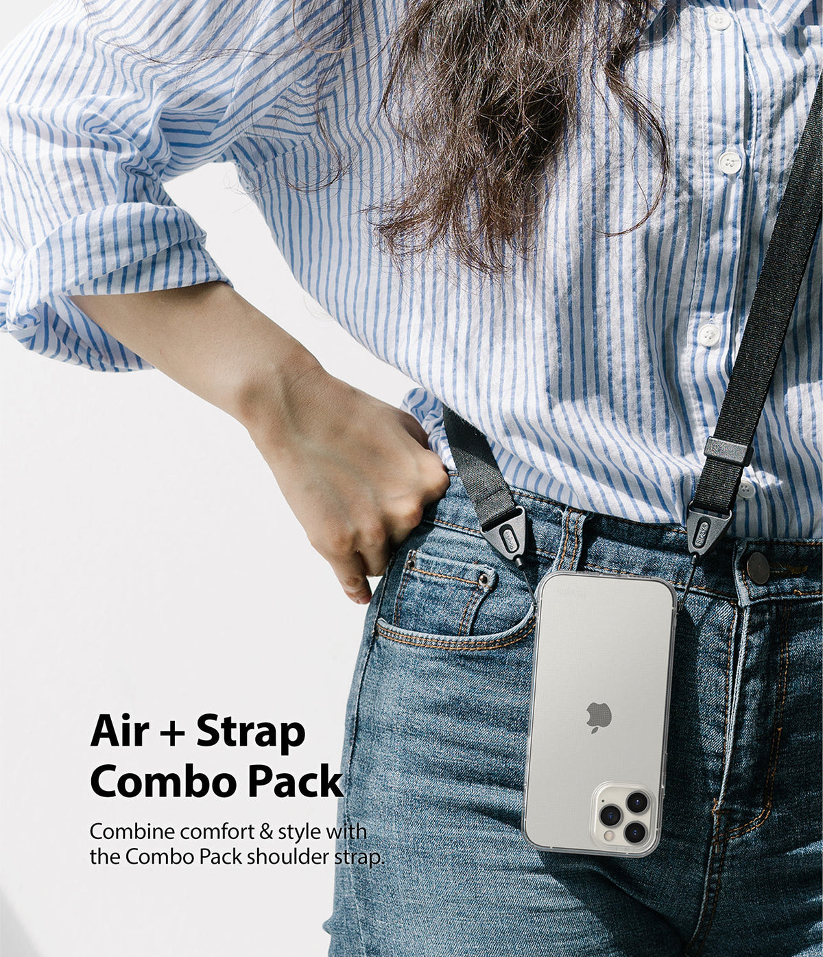 iPhone 12 Pro Max Case | Air + Shoulder Strap - Clear phone case with a black shoulder strap worn across the body.