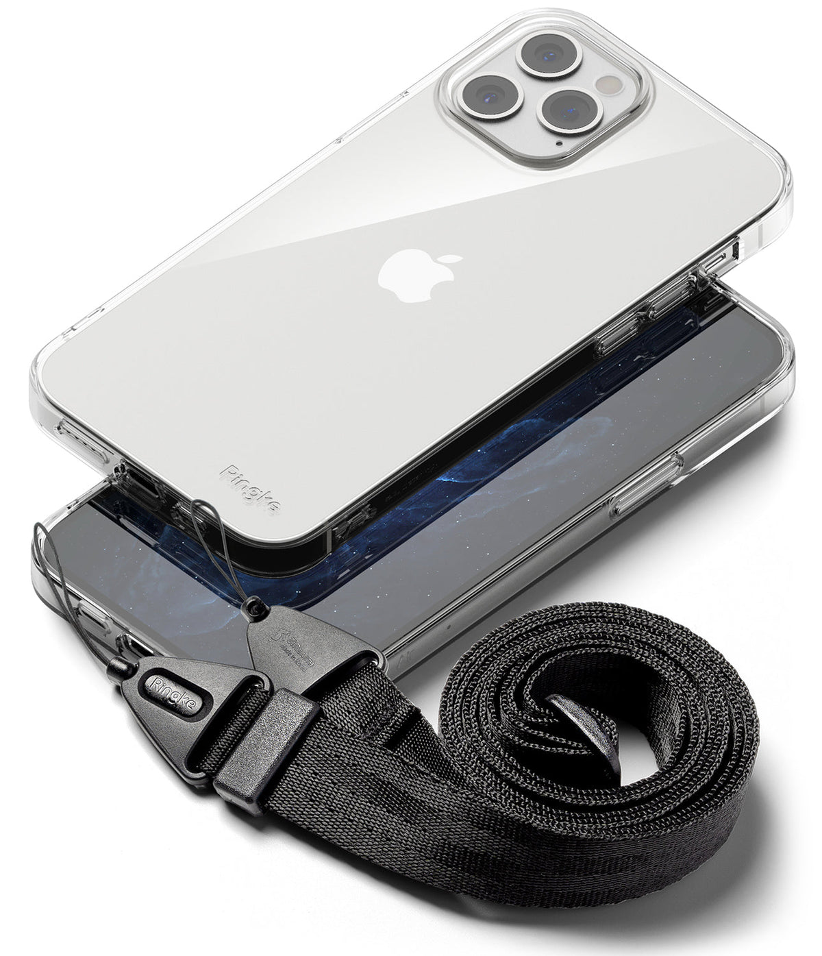 iPhone 12 Pro Max Case | Air + Shoulder Strap - Clear phone case with a black adjustable shoulder strap attached.