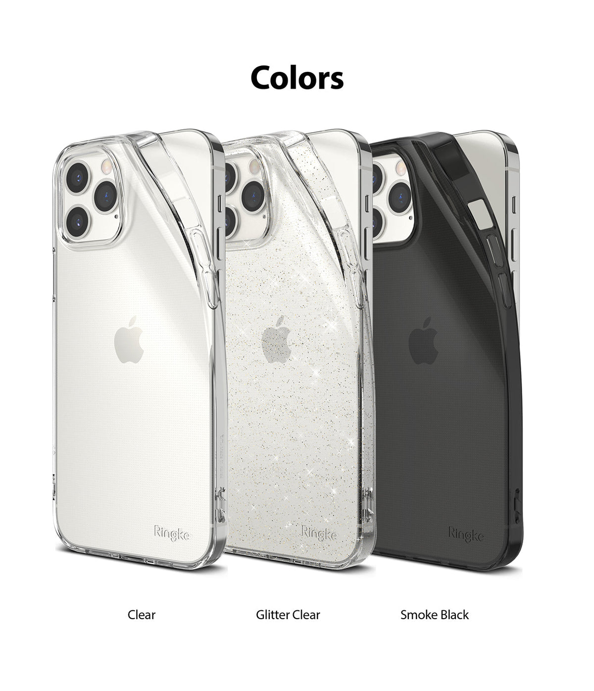 iPhone 12 Pro Max Case | Air + Shoulder Strap - iPhone 12 Pro Max Case - Three Ringke phone cases in clear, glitter clear, and smoke black arranged side-by-side.