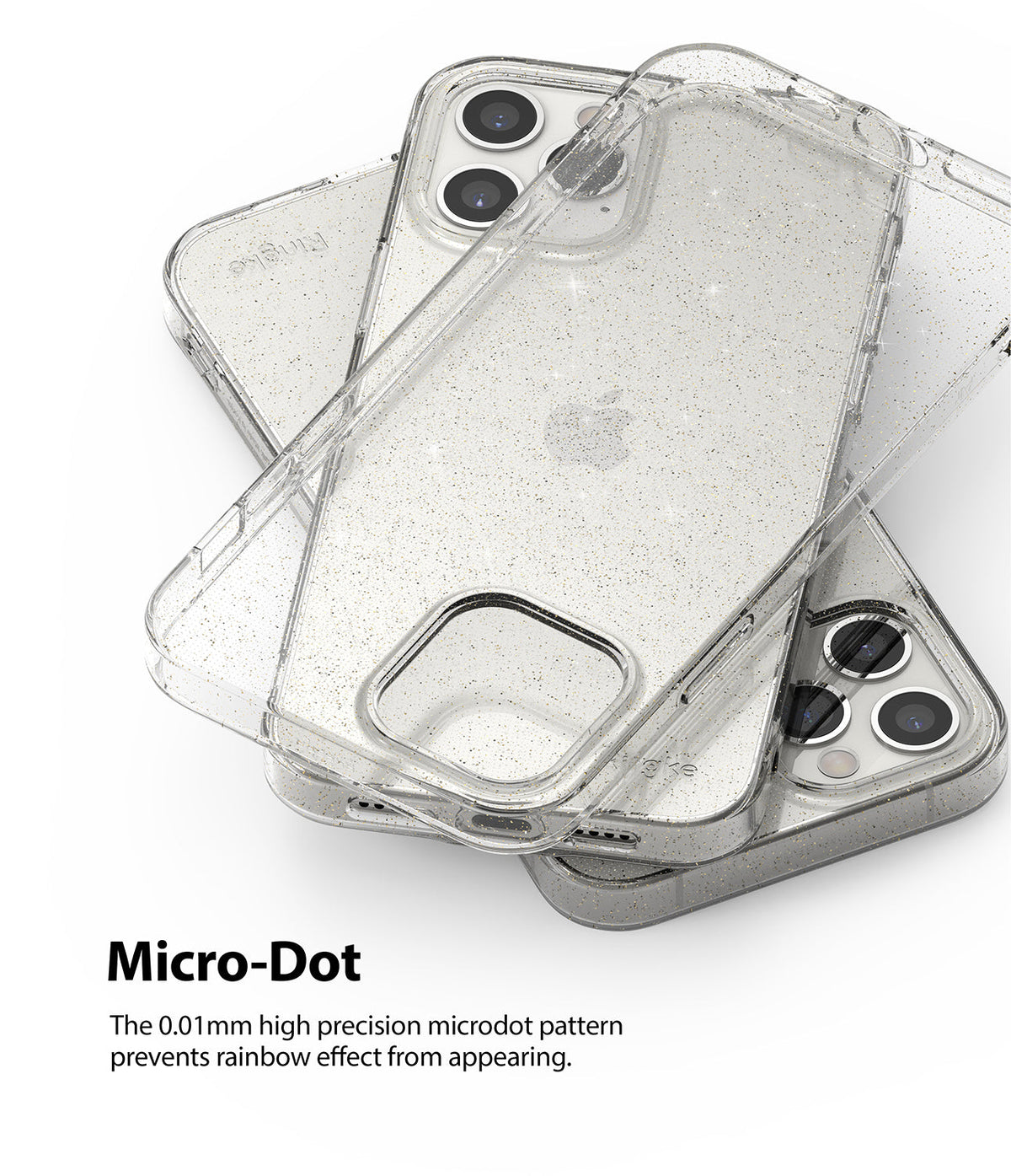 iPhone 12 Pro Max Case | Air + Shoulder Strap - Two clear, glittery iPhone 12 Pro Max cases stacked on a white background.