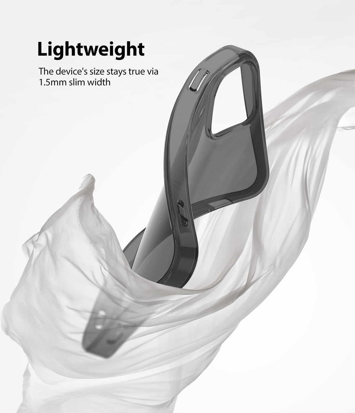 iPhone 12 Pro Max Case | Air + Shoulder Strap - iPhone 12 Pro Max Case - A slim, translucent black phone case floating amidst flowing white fabric against a white background.