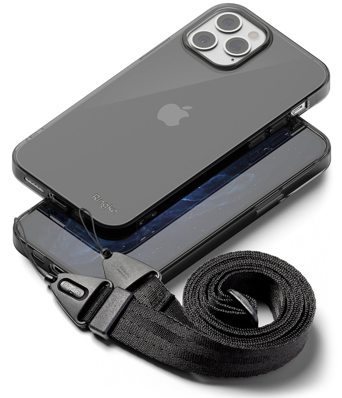 iPhone 12 Pro Max Case | Air + Shoulder Strap - Clear phone case with a black adjustable shoulder strap attached.