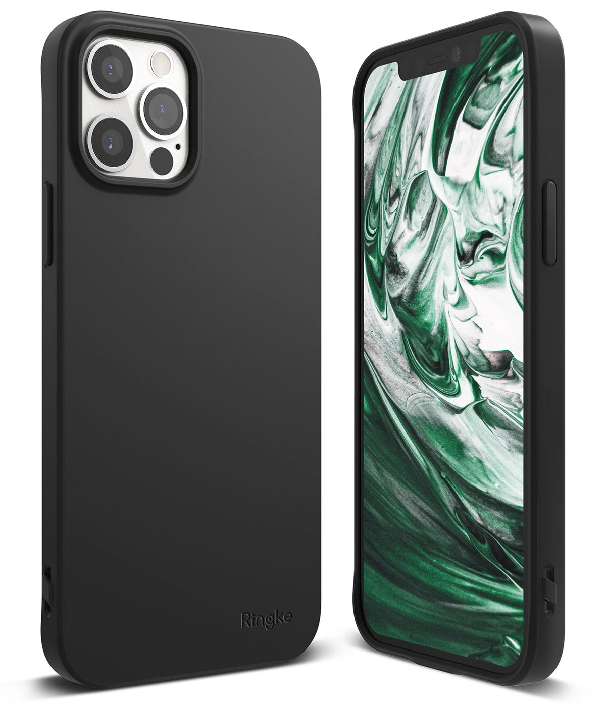 iPhone 12 Pro Max Case | Air-S - Matte black phone case shown from back and front with a green marble screen display.