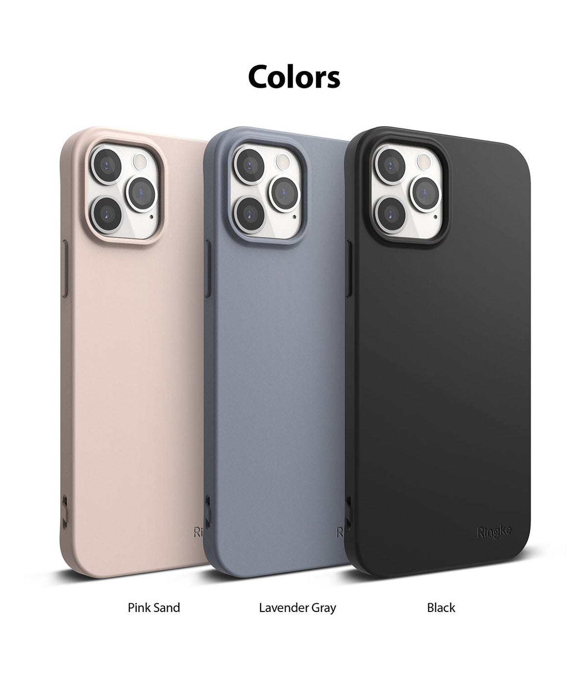 iPhone 12 Pro Max Case | Air-S - Three iPhone 12 Pro Max cases in Pink Sand, Lavender Gray, and Black arranged side-by-side.