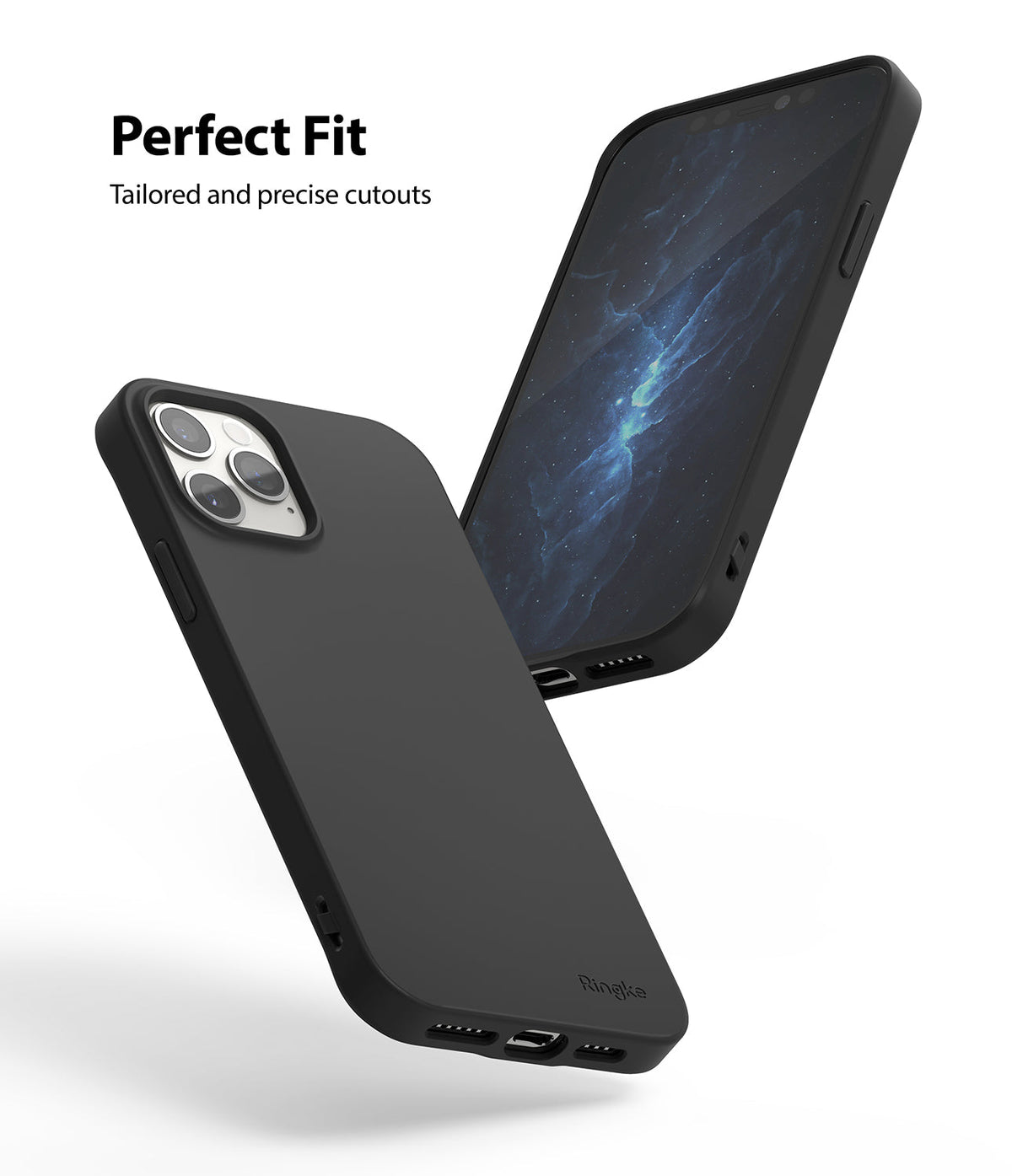 iPhone 12 Pro Max Case | Air-S - Two views of a matte black phone case showing precise cutouts and a sleek, slim design.