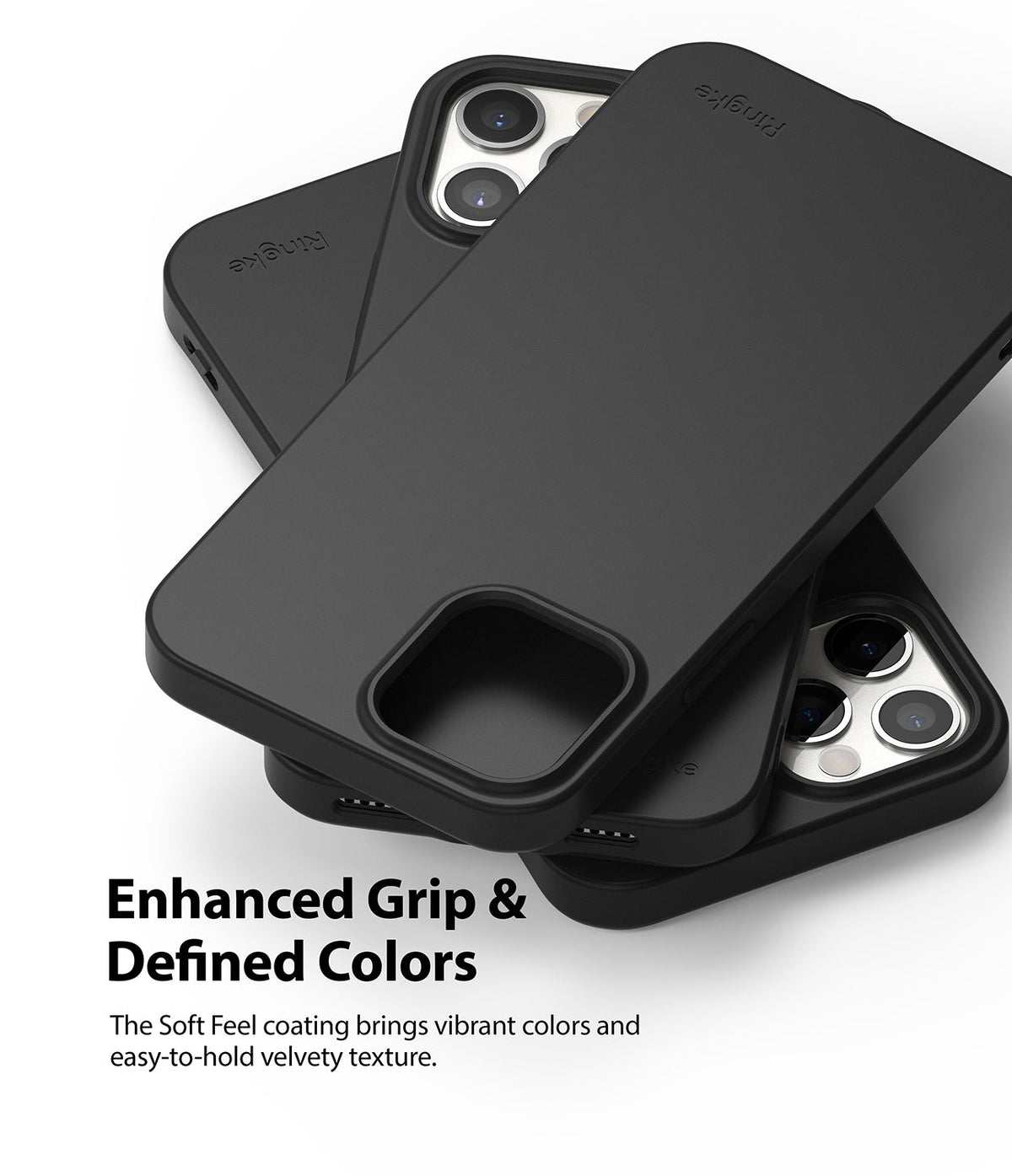 iPhone 12 Pro Max Case | Air-S - Three matte black phone cases stacked, highlighting the camera cutouts and Ringke branding.