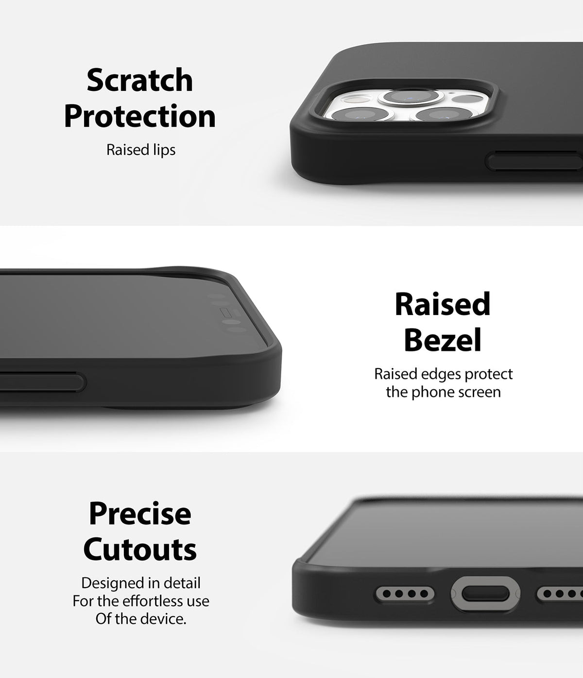 iPhone 12 Pro Max Case | Air-S - Close-ups of a black phone case showing raised camera lips, screen bezels, and port cutouts.