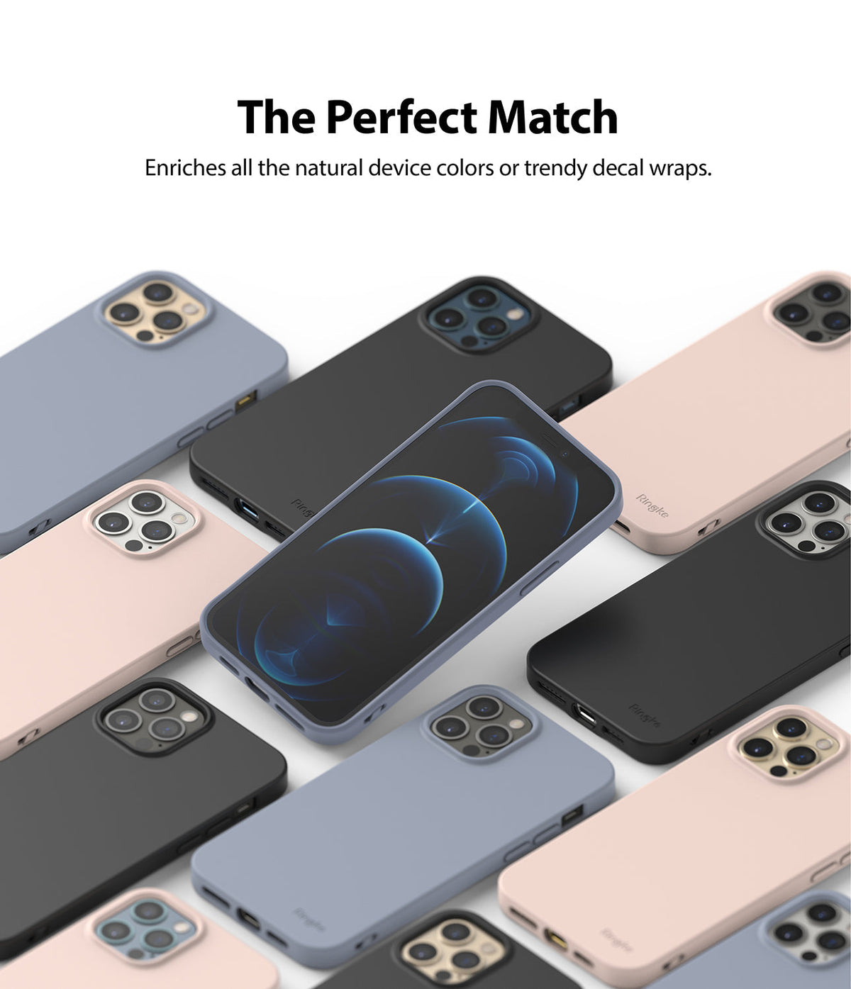 iPhone 12 Pro Max Case | Air-S - Multiple iPhone 12 Pro Max phones in black, blue, and pink cases arranged on a white background.