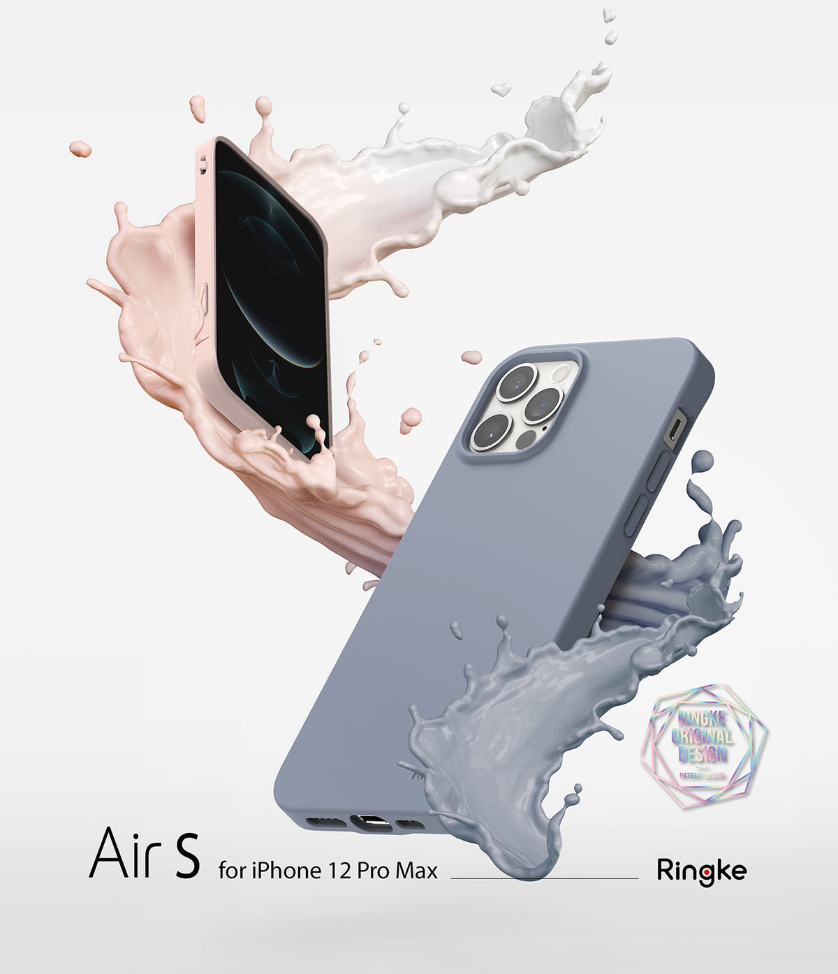 iPhone 12 Pro Max Case | Air-S - Two iPhone 12 Pro Max phones in pink and blue cases floating amidst dynamic liquid splashes.