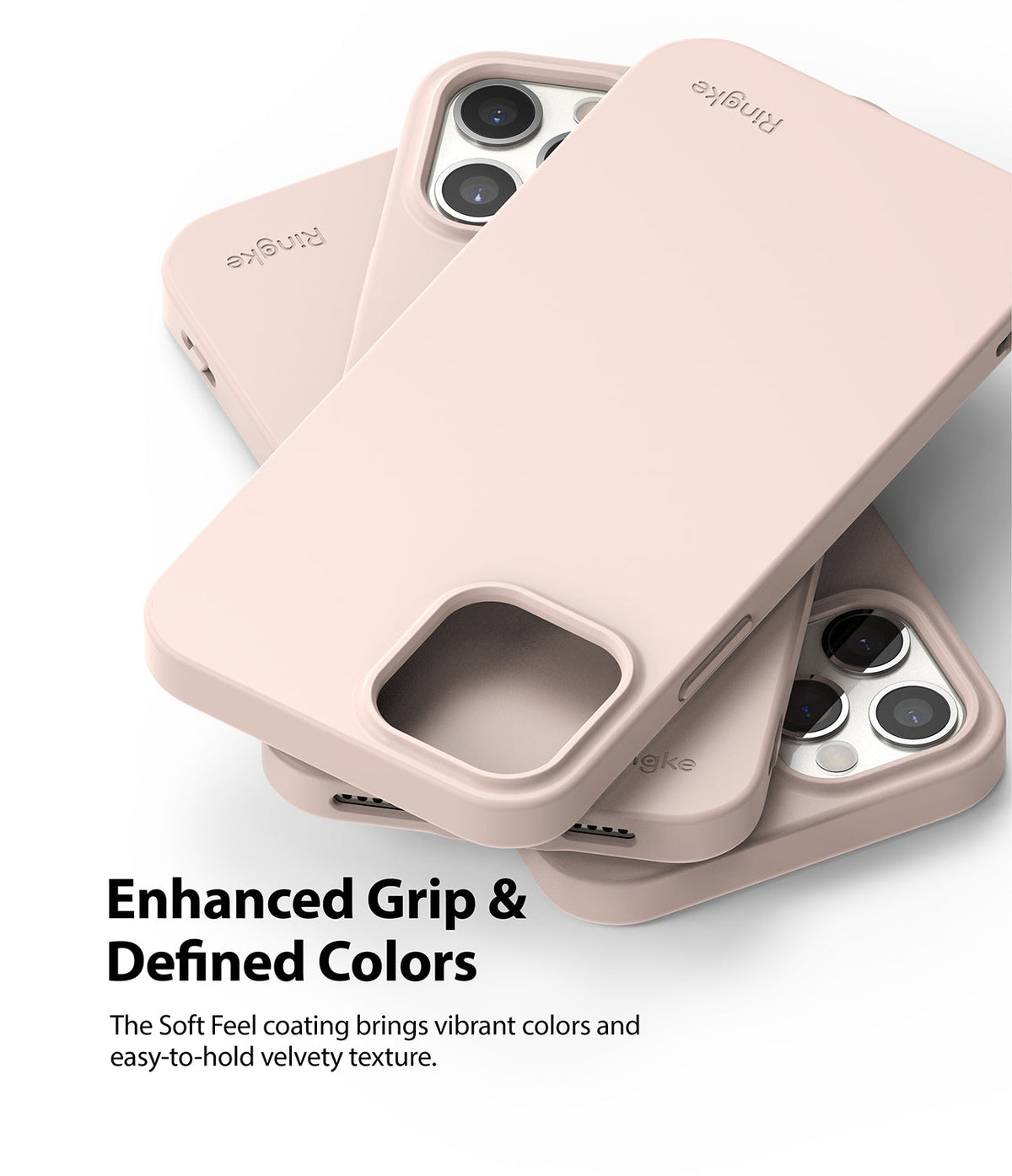 iPhone 12 Pro Max Case | Air-S - Three soft pink matte phone cases stacked, showing camera cutouts and Ringke branding.