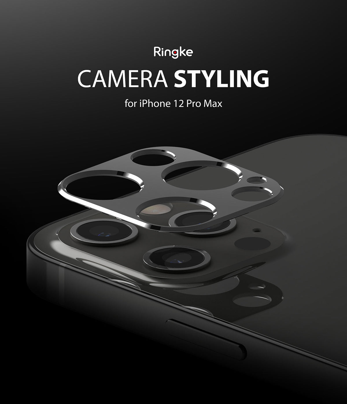 iPhone 12 Pro Max | Camera Styling - A metallic camera lens protector hovering above the iPhone 12 Pro Max camera module.